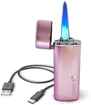 One Touch Rose Gold 3-Flame Butane Lighter with Electronic Firing, Backlit Butane Window and Punch in Lid - Refillable, Adjustable, Art Piece Quality