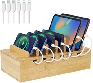 LEOKKARR Bamboo Charging Station for Multiple Devices, Upgrade Desk Docking Stations Organizer for Apple Devices, Wood Charging Cell Phone Holder Stan...