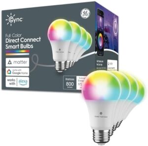 GE CYNC Smart LED Light Bulbs, Full Color and Color Changing, Matter Compatible, Bluetooth and Wi-Fi Enabled, Works with Alexa and Google Home, A19 Bu...