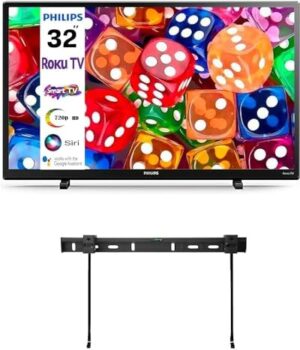 PHILIPS 32-Inch Class HD 720p Borderless Smart R0ku TV Netflix, Disney+ and YouTube with 60 Hz 120 Perfect Motion Rate Works with Siri or Hey Google + Free Wall Mount (Renewed)