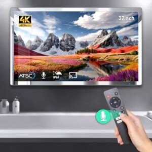 4K Ultra HD 32-inch High-end Bathroom Mirror TV IP66 Waterproof Android TV Supports Voice Remote Control Google Assistant, Built-in ATSC Tuner, HDMI (ARC), SPDIF for an Immersive Experience.